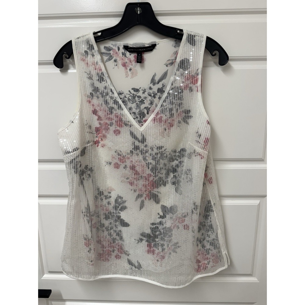 White House Black Market Floral Sequin V-Neck Layered Blouse White Small